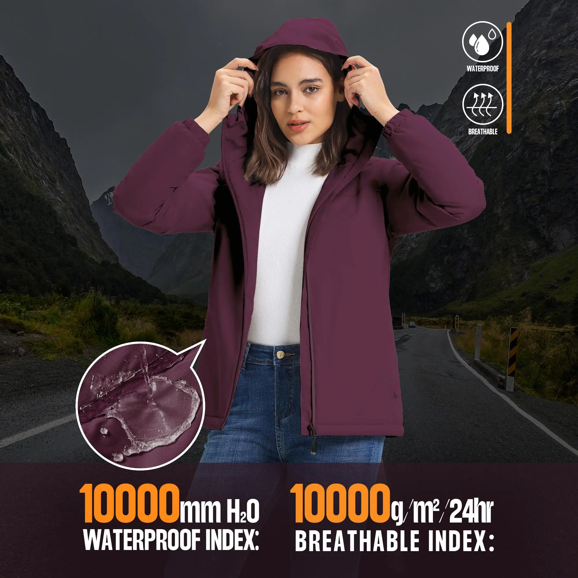 33,000ft Fleece Lined Rain Coats,Lightweight Waterproof Rain Jackets with Hood Windproof Cycling Jackets