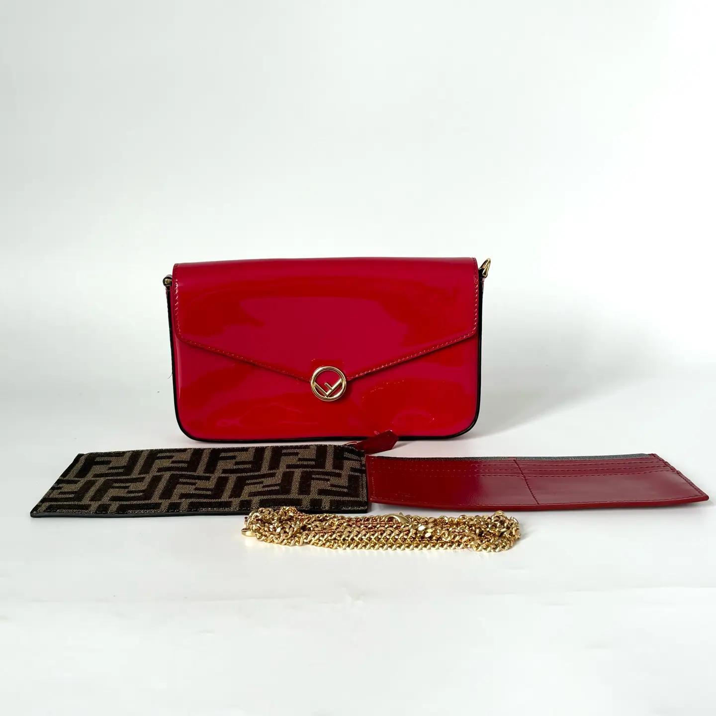 Pre-owned FENDI Red Patent Leather Round Buckle 3 in 1 WOC Crossbody Bag with Chain Strap, 18.5cm Base Length, Includes Matching Card Holder N22705045, Crossbody Bags, Base Length 18.5Cm