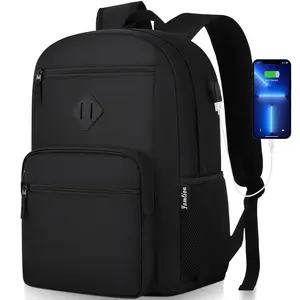 YAMTION Unisex Black Backpack - Water-Resistant, USB Charging Port, 16-Inch Computer Fit, Casual Sport, Carry On, Compartmented for Work, School, Black Backpacks, Carry On Backpacks