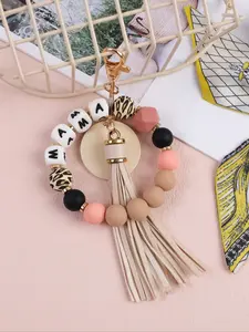 Cute Mama Beaded Keychain, Leopard Print Geometric Matte Beads, Letter Beads, Key Ring, Mommy Bag Accessory, Mother's Day Gift