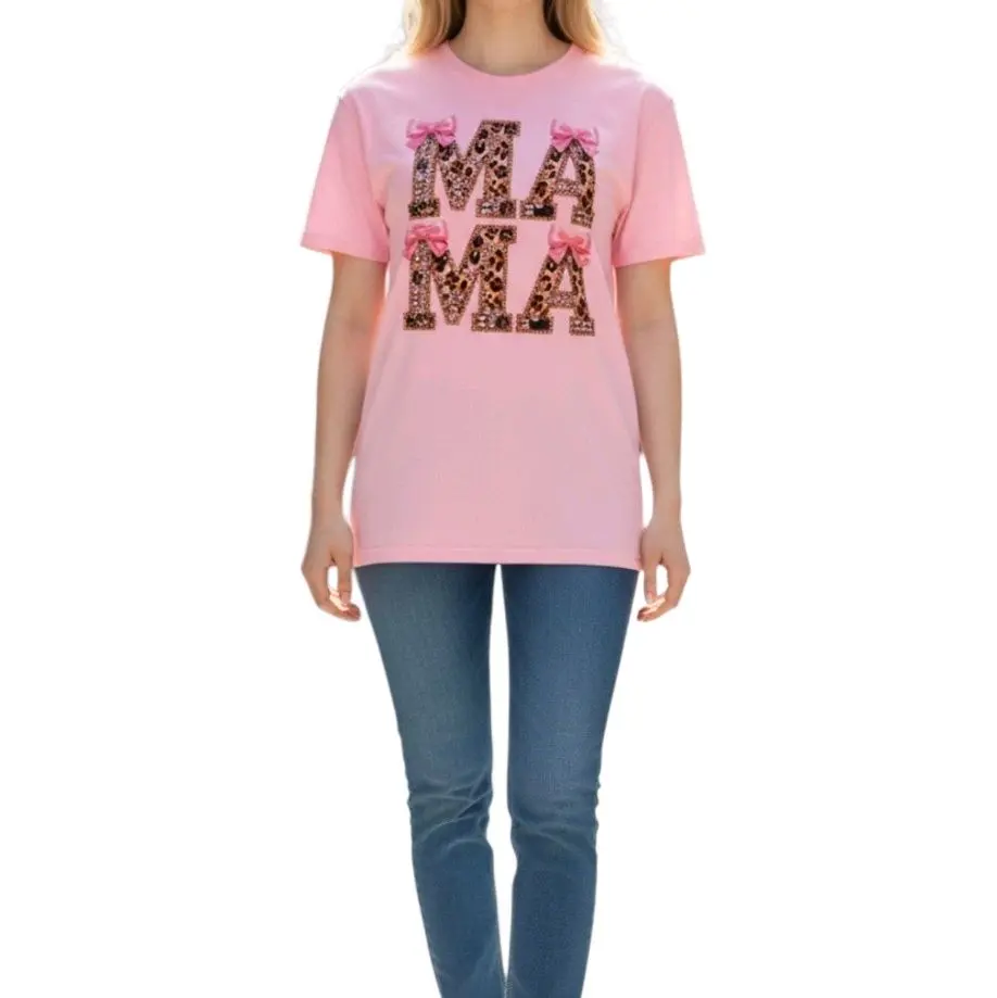 Estampado DTF "MAMA" Estilo Coquette Con Moños Rosas Y Patrón De Leopardo Ropa Aesthetic.