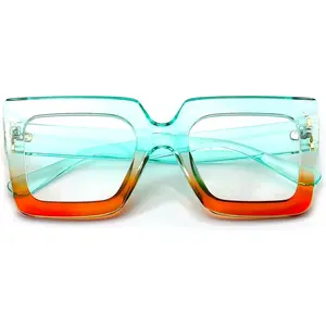 Blue Light Glasses for Women Fashion Thick Square Computer Eyewear Non-Prescription Black Glasses (Green Orange)