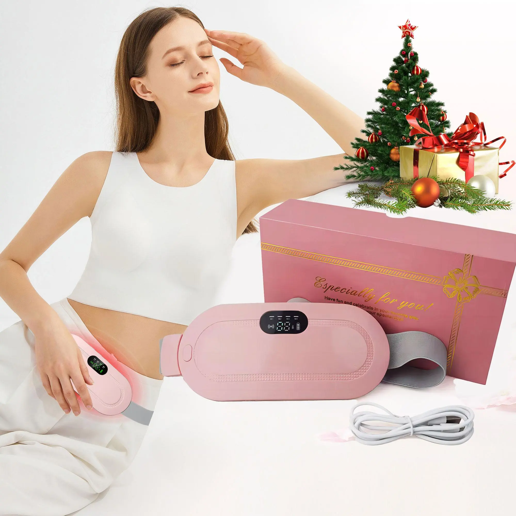 Menstrual Heating Pad, Cycle Heating Pad For Abdomen eare,  Hot Massage Stomach Heating Pad 4 Vibration Mode Massager with Adjustable Heating Temperature for  Ladies(Pink)