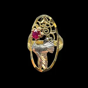 14K 3 TONE HUMMING BIRD RING WITH RED ZIRCON (ANY SIZE)