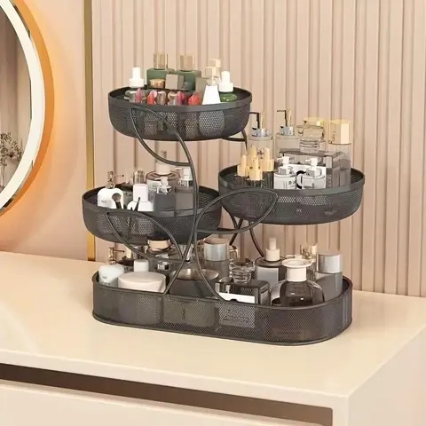 Modern 3-Layer Compartmentalized Cosmetics Organizer with Dividers - Desktop Makeup Storage, Tabletop Perfume Holder for Vanity Skincare, Bathroom Home Supplies