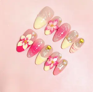 Three-dimensional carved almond-shaped nail art with contrasting colors, a vacation style, pure handcrafted wearable false nails, sweet and cute.
