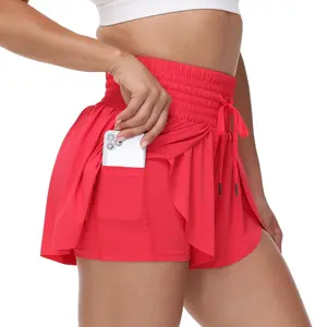 Women's High-Waisted Gym Shorts - Flowy Athletic Skort with Pockets for Yoga, Running, Tennis & Golf - Soft Spandex Fabric, Drawstring, Trendy Activewear