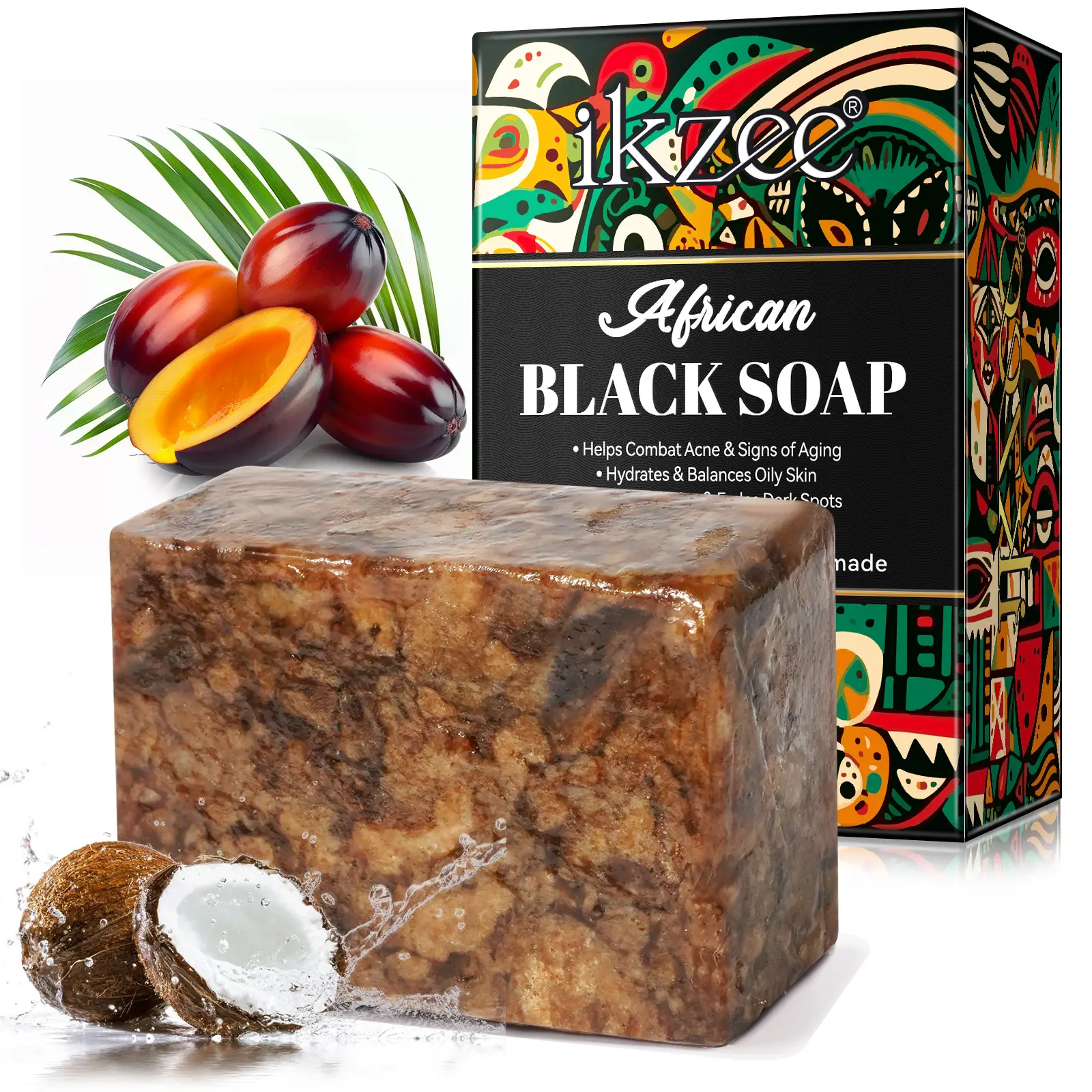 1 Count, IKZEE African Black Soap 100g, Enriched With Vitamins A, D, E, And K, Promotes Collagen Production, Moisturizes And Balances Oily Skin. This Soap Clears Impurities, Lightens Dark Spots, And Leaves Your Skin Smooth, Firm, Youthful, And Radiant.