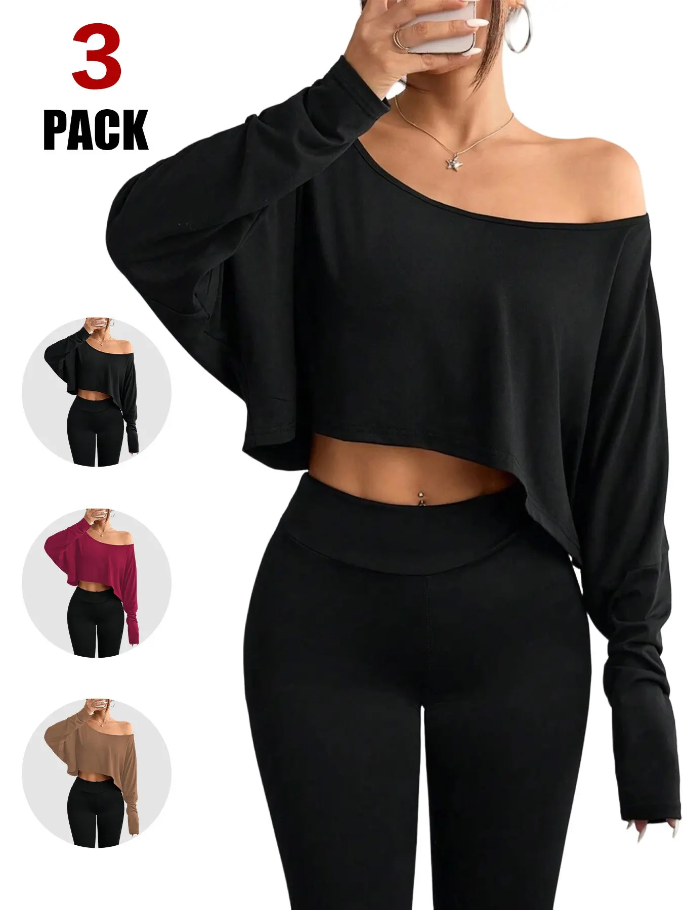 2026 Women's Off Shoulder Cropped Long Sleeve Top, Loose Fit Asymmetrical Neck Basic Casual Crop Tee, Soft Breathable Drop Shoulder Blouse for Daily, Everyday & Workout All Season