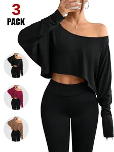 2026 Spring Summer Women's Basic Off Shoulder Cropped Long Sleeve Top, Loose Fit Asymmetric Neckline Casual Crop Tee, Soft Breathable Drop Shoulder Blouse for Daily & Workout