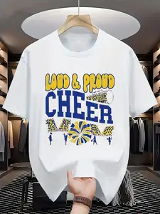 Women's Loud & Proud Cheer Mom T-Shirt - White Tee with Blue Cheerleader Graphics, Moisture-Wicking Sporty Top for Cheerleading Parents, Sports Events, Parties - Machine Washable Casual Shirt, Outdoor Activities, Bold Lettering Design, Breathable Material