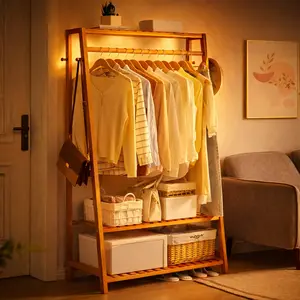 Bamboo A-Frame Clothes Rack with Shelves | Boho Open Closet Organizer Stand