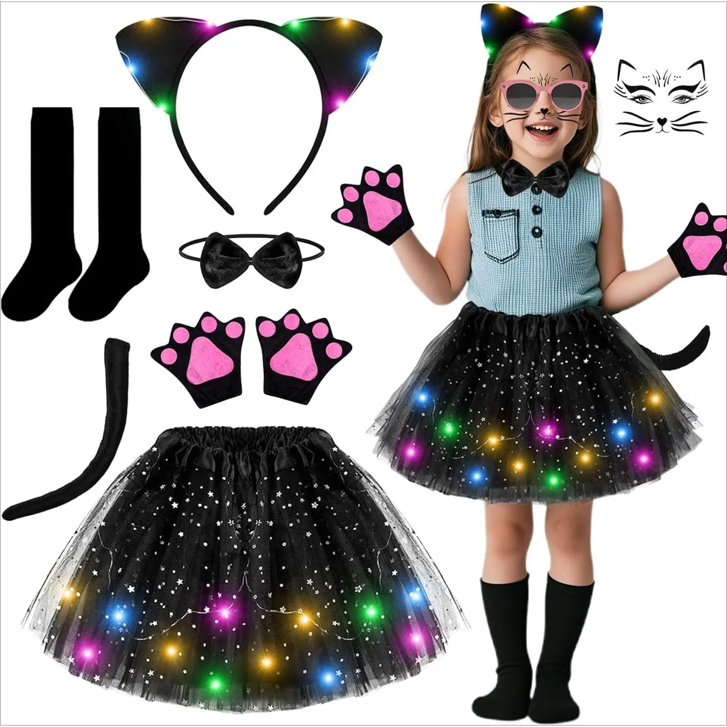 Light-Up Cat Costume Set, 7-Piece Playful Outfit with Glowing LED Short Skirt & Ears, Snug Party Wear for Kids' Halloween Dress-Up, Nylon, Elastic Waistband, Three Lighting Modes