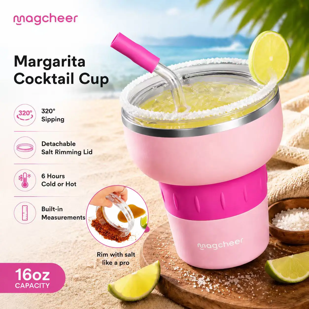 Gifts for Women, 16oz Insulated Cocktail Tumbler with Straw & Lid, Stainless Steel Margarita Tumbler, Wine Tumbler for Cocktails, Slushie Cup, Vacuum Insulated Drink Cup for Beach, Pool, Outdoor, Birthday Gifts for Women