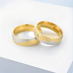 Stainless Steel Dual-Tone Frosted Synthetic Zircon Couple Ring - 1pc Simple Fashion Jewelry Suitable for Daily Wear and Couple Dates, Sparkling Zircon Inlay, Two Tone Ring,summerwins