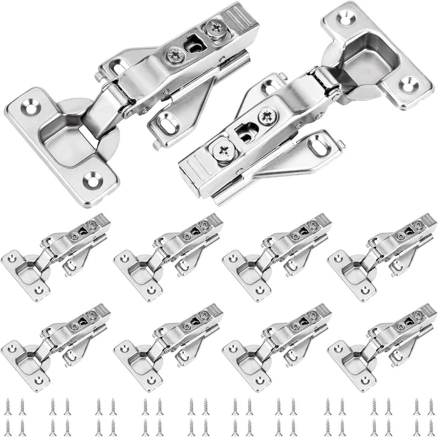 10 Pack Nickel 1/2" Overlay Soft Close Hidden Cabinet Hinges - 105 Degree 3-Way Adjustable Clip-On Concealed Easy Install Hinges, 35mm Cup, 10.5mm Depth, for Kitchen Cupboards, Prevents Pinched Fingers, Includes Screws, Bathroom