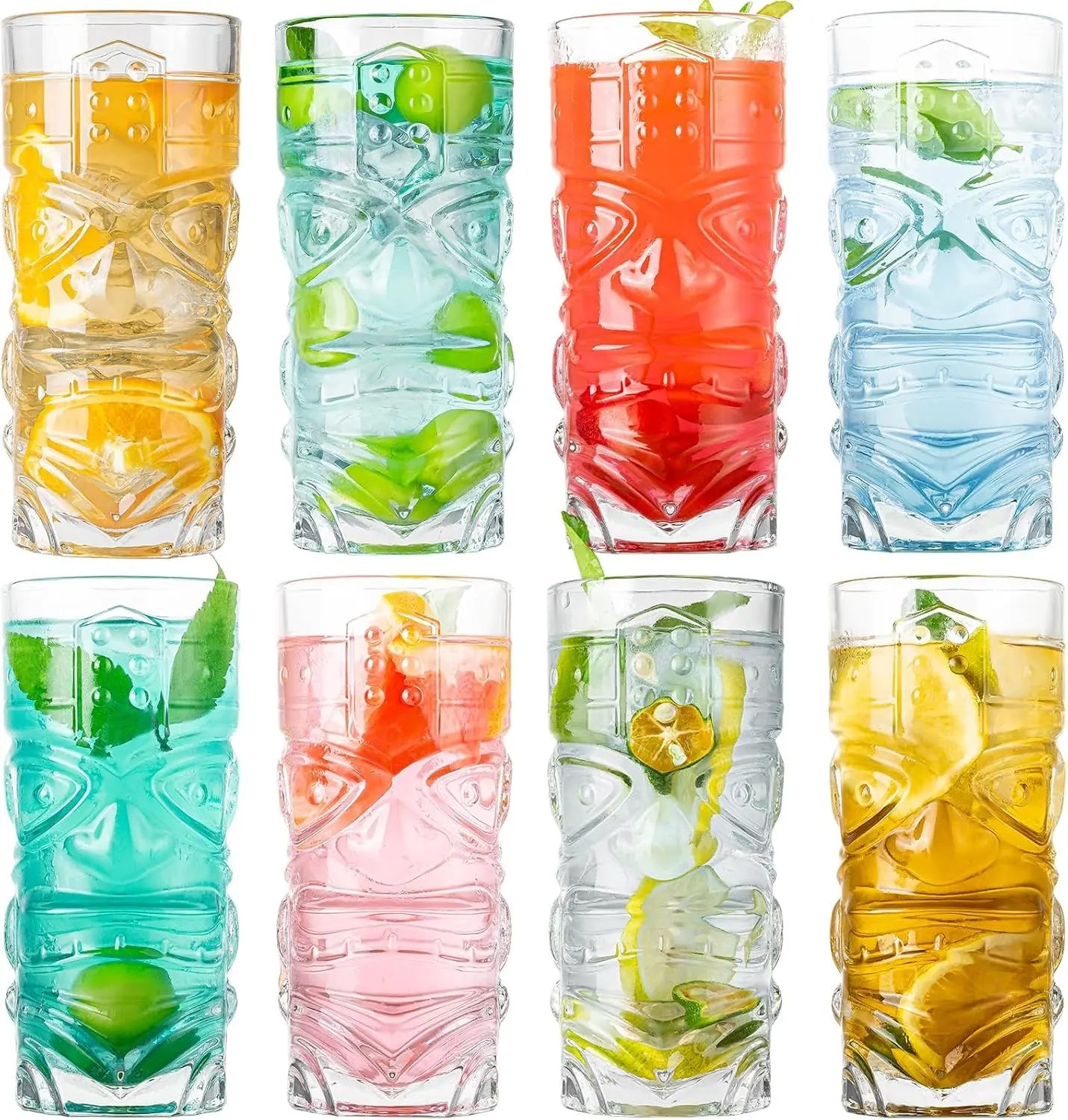 Tiki Glasses Set of 8 14 oz Modern Bar Cocktail Glasses for Tropical Island Drinks and Hawaiian Parties