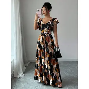 Elegant V-neck floral digital-print slim-fit A-line skirt with a pleated waist in holiday style—romantic women’s clothing, a perfect choice for vacations. GARMENTARY