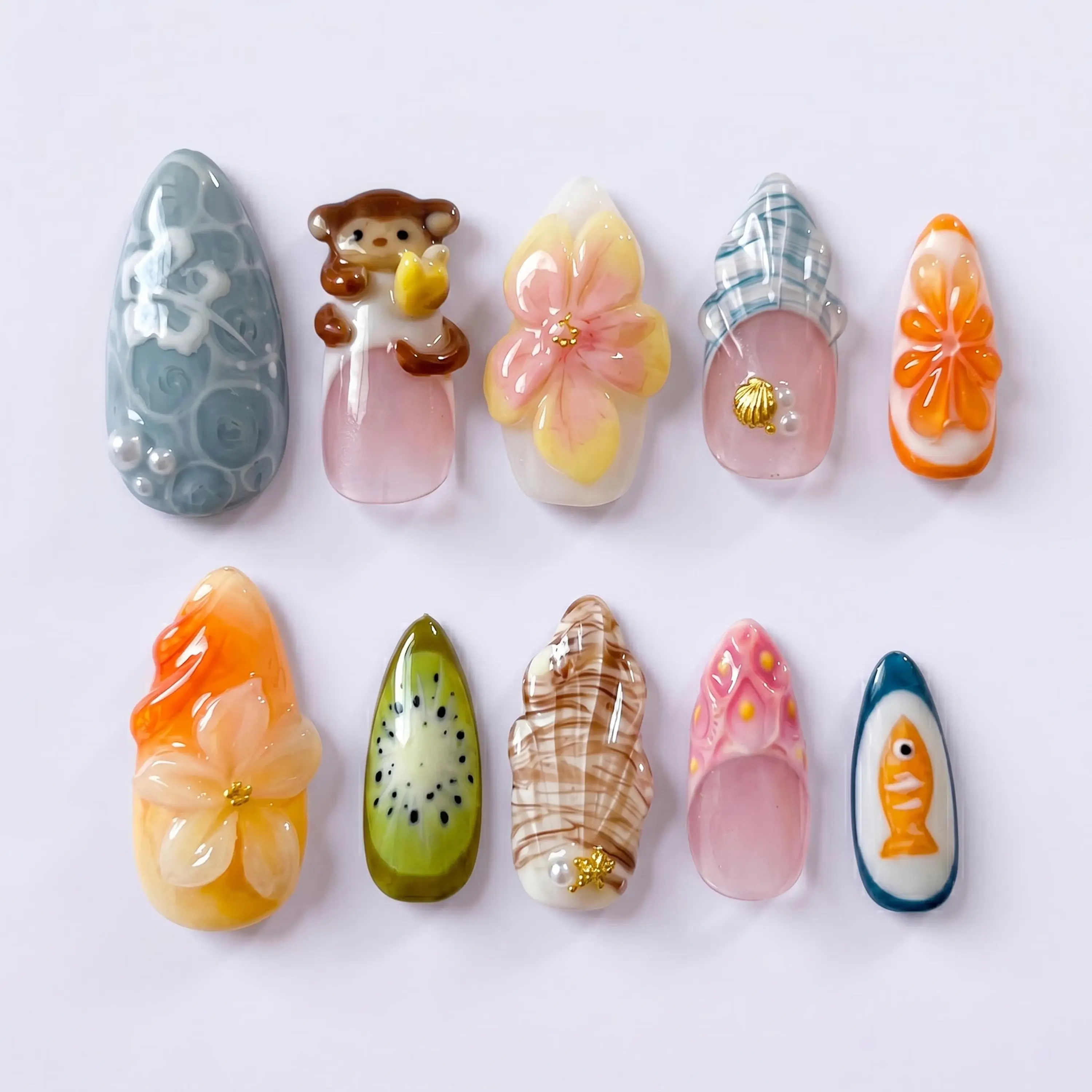 Tropical Mix Press on Nails with 3D Monkey, Kiwi & Flower | 3D Fake Nails in Short Almond | Cute Handmade Nail Art for Summer, Beach