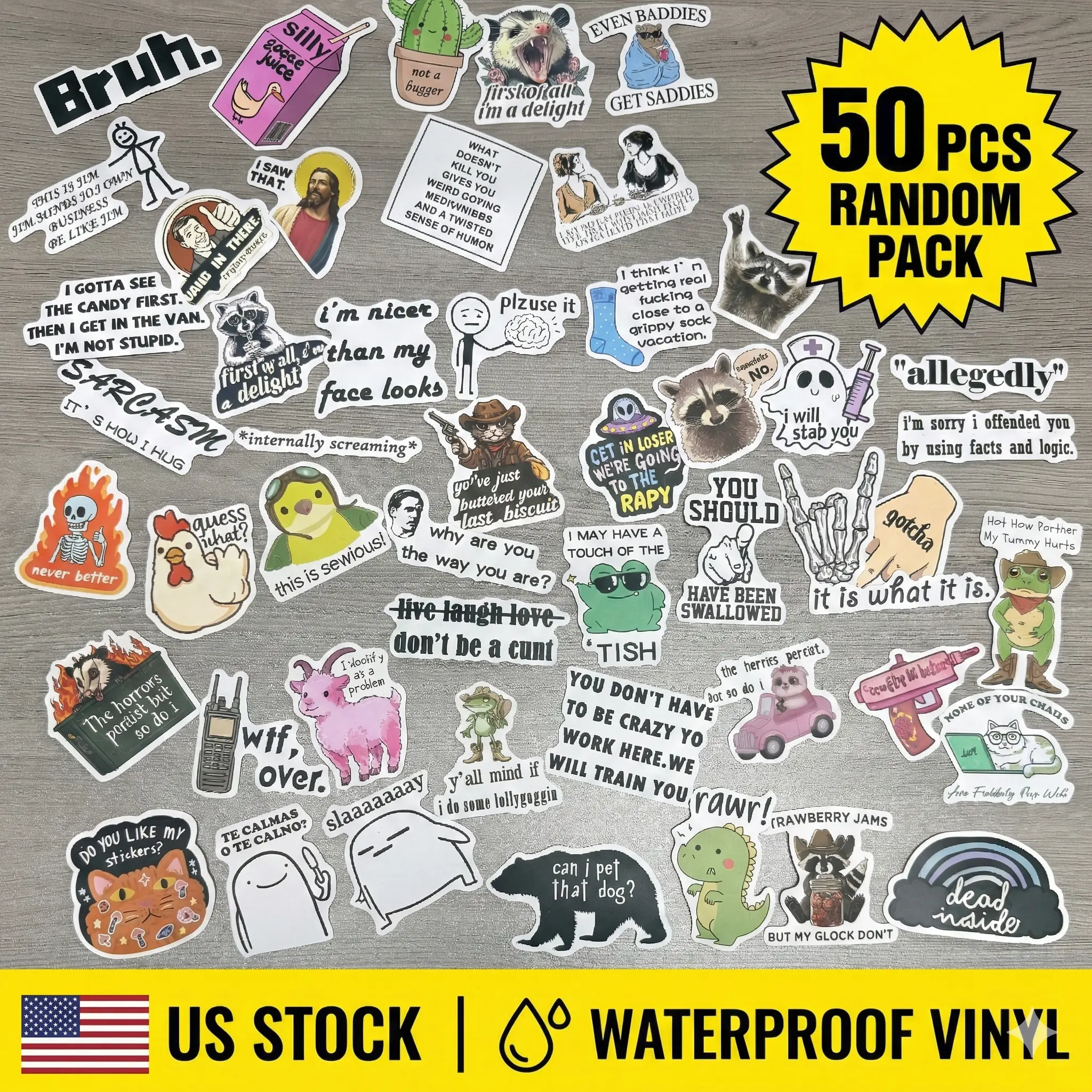 50PCS Random Surprise Meme Stickers - Funny Unhinged Corporate Humor Decals for Office & Coworkers - Sarcastic Quote Vinyl Sticker Pack - Waterproof Random Mixed Laptop Decor