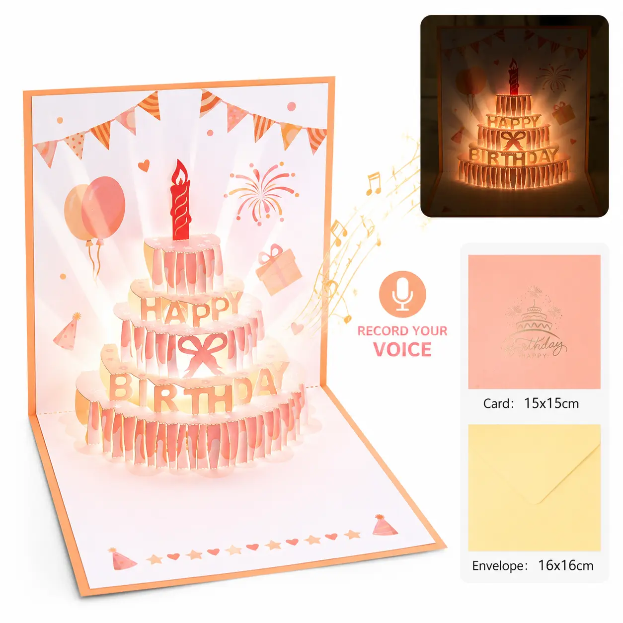 "Send Your Voice When You Can't Be There!" Recordable 3D Pop Up Birthday Card, Light up Musical Cake Greeting Card, Voice Memo Recorder Card for Long Distance Family & Friends,back to school,back to school haul