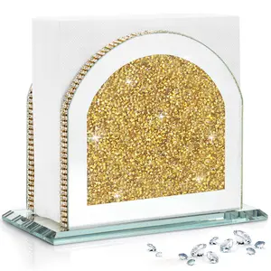 Golden Crushed Diamond Sparkle Light Crystal Glass Napkin Holder - Classic Compact Wipe Dispenser with Weighted Base, Luxury Home Organizer for Kitchen Decor & Gifting