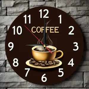A wooden round Creative Decorative Clock with a coffee theme, perfect for farmhouse-style home decor. It can be placed in the kitchen, bedroom, or office. It is easy to read, silent, and does not require batteries. The size is 9.8X 9.8inch cm