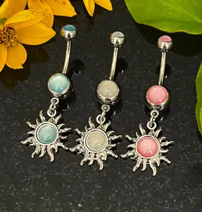 1 Piece Stunning Tribal Sun Illuminating Stone Dangle Ring Navel / Naval Belly Ring - 14g - 10mm