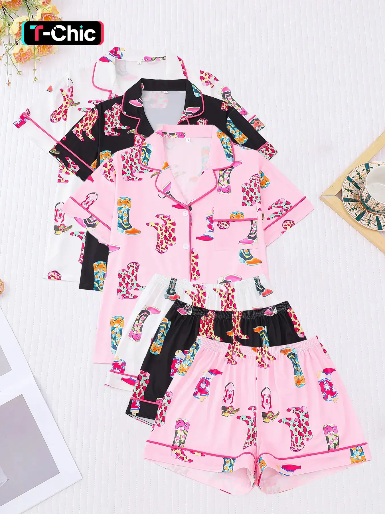 6 Piece Set Women's All Over Print Creative Pajamas with Short Sleeve and Shorts, Casual Homewear with Pockets and Button Front, Comfortable Relaxed Fit for All Seasons, Loungewear