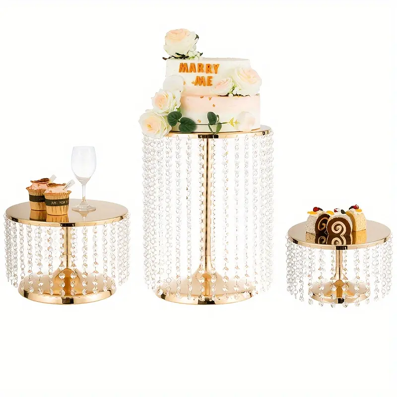 Set of 3 cake stands, round charming crystal bead cake plate for dessert tables, Christmas, weddings, birthdays, showers, Halloween and Christmas decorations