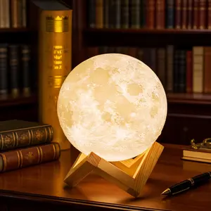 Aesthetic 3D Moon Lamp - Nordic Style Decor Light with Wooden Stand, for Bedroom Desk, Room Tour, Home Decor - Viral TikTok Gift for Book Lovers