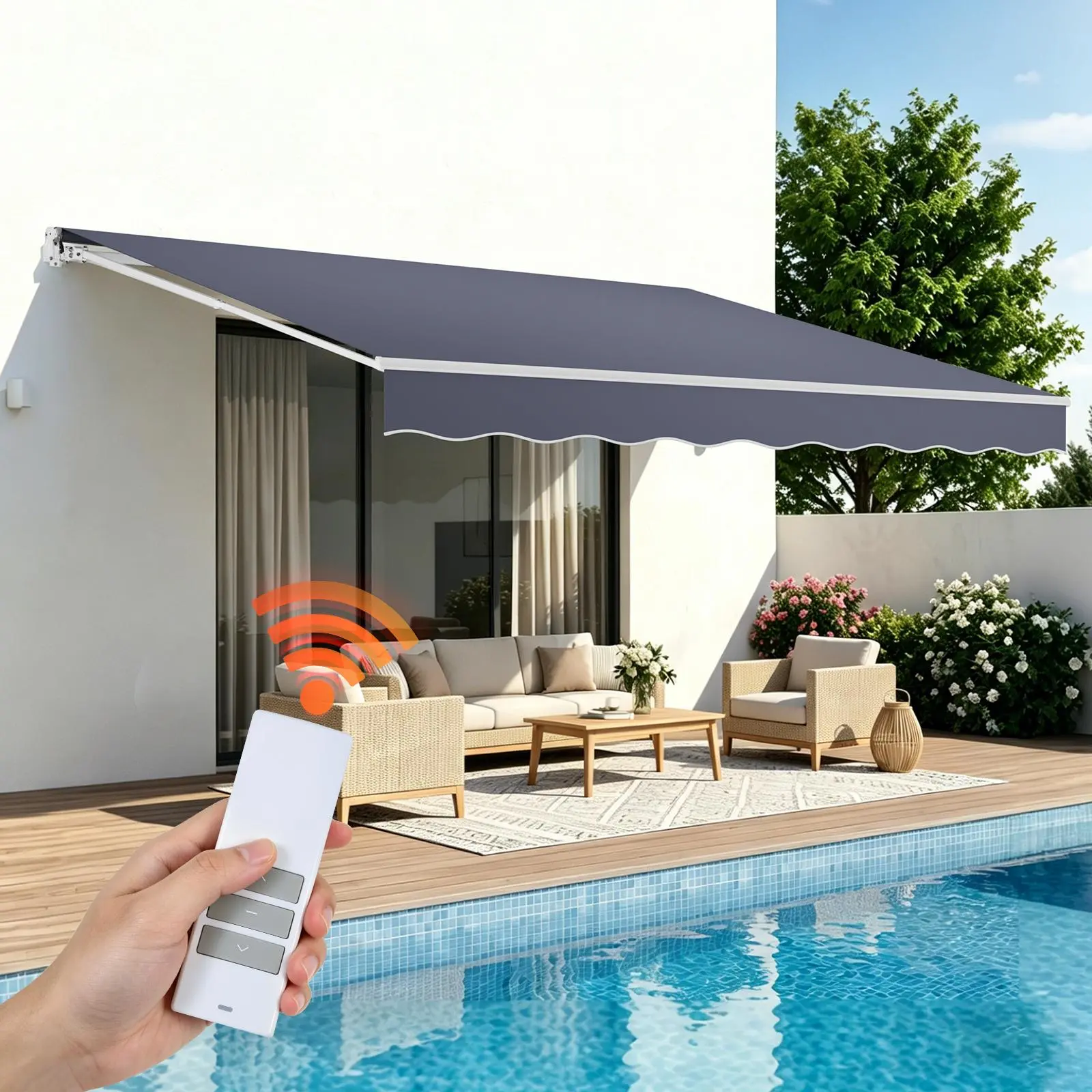 VEVOR Electric Retractable Patio Awning, 14.1'x9.8' Motorized Sunshade Shelter with Remote Controller and Manual Crank Handle, Waterproof Polyester Fabric for Deck, Balcony, Gray