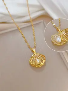 Elegant Faux Pearl Pendant Necklace with Micro Inlaid Shell, Stainless Steel Chain, Perfect Gift for Women, Casual Style, All Seasons