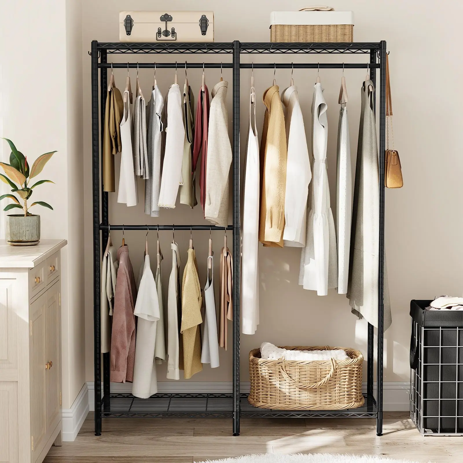 SONGMICS Heavy-Duty Rolling Clothes Rack, Garment Rack, Portable Closet, 43.3-Inch Wide Clothing Rack on Wheels, with Adjustable Mesh Shelves and Hanging Rails, Hooks