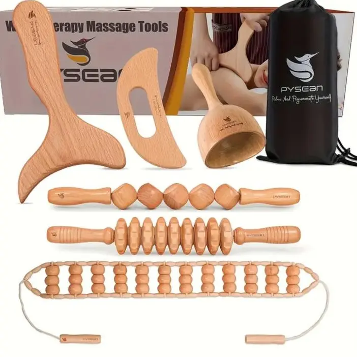 6-in-1 Compact Wooden Manual Massage Tools Set - 6 Piece in a Box, Fascia Release Tools, Reflexology Stick, Roller Attachment, Portable Lightweight Self-Care Kit for Adults, Neck & Shoulder Muscle Therapy, Fatigue Relief, Recovery Support