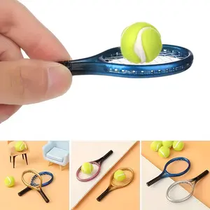 Mini Tennis Racket and Ball Set, 2-Piece Plastic Model Figurine,（Contains 1 racket + 1 ball） Portable Desktop Decoration, 5 Color Options, Dollhouse Miniature