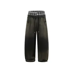 Double Waist Washed Baggy Sweatpants Loose Wide Leg Plaid Patchwork Casual Pants with Pockets Womenswear Bottom