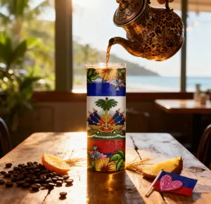 Ayit Cherie Tumbler 20 oz Non-Bpa Free Haiti Flag Design with Floral Accents in Gift Box Bottle Drinkware Water Bottles Cup Portable