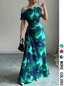Women's Minimalist Print Asymmetrical Shoulder & Waist Ruched Chic Elegant Dress