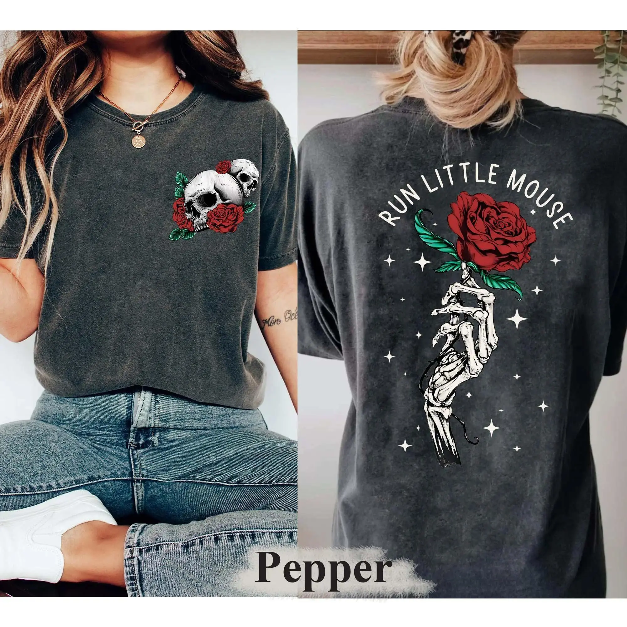 Women's Printed Goth Clothes Round Neck Shortsleeve Top - 100% Cotton Run Little Mouse Rose Skeleton Graphic Tee, Gothic Dark Romance Bookish Casual Unisex Streetwear Gift for Romance Book Lovers