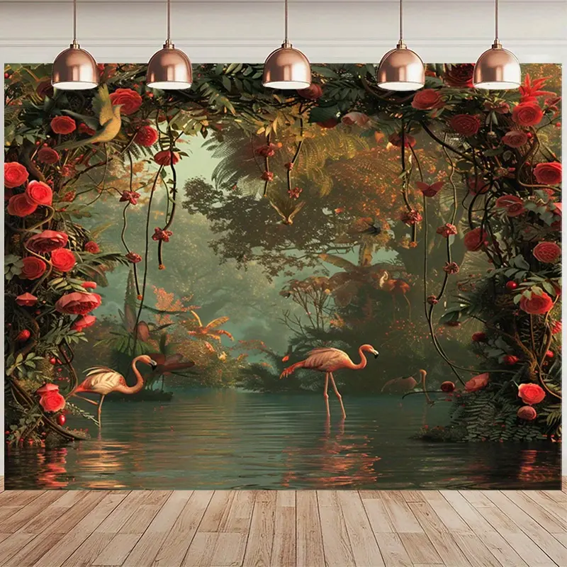 Flamingo & Tropical Forest Wall Tapestry - Versatile Polyester Home Decor for Bedroom, Living Room, and More - Includes Free Installation Kit