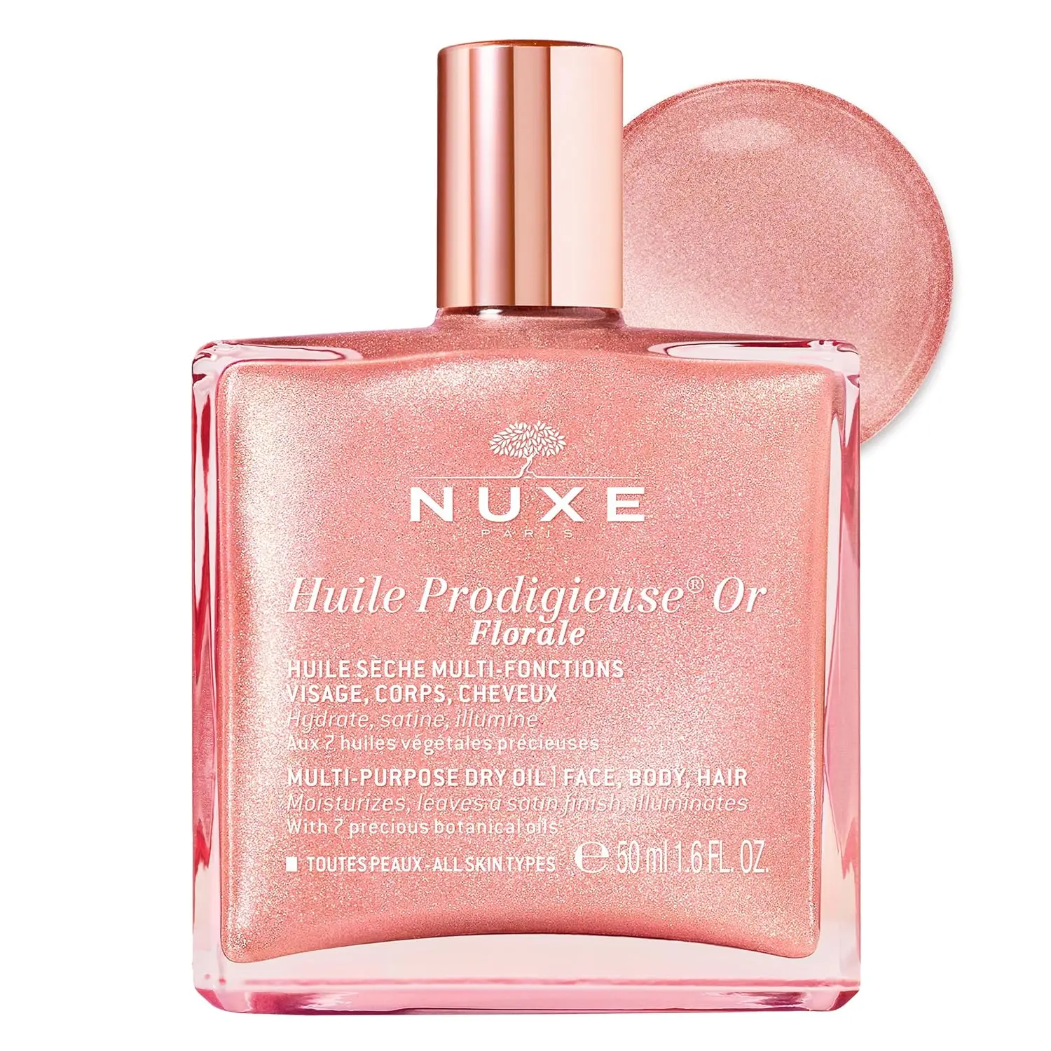 NUXE - Shimmer Dry Oil - Rose Gold Glow for Face, Body & Hair - Huile Prodigieuse Floral Shimmering 1.6 fl.oz.