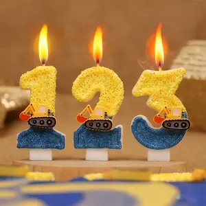 1pcs 3D Excavator Digital Birthday Candles - Handmade Sparkling Construction Vehicle Cake Toppers, Yellow and Blue Glitter Design, for Adult Celebrations, Graduation, Birthday, Housewarming, First Birthday, Anniversary, or Wedding Party Decorations