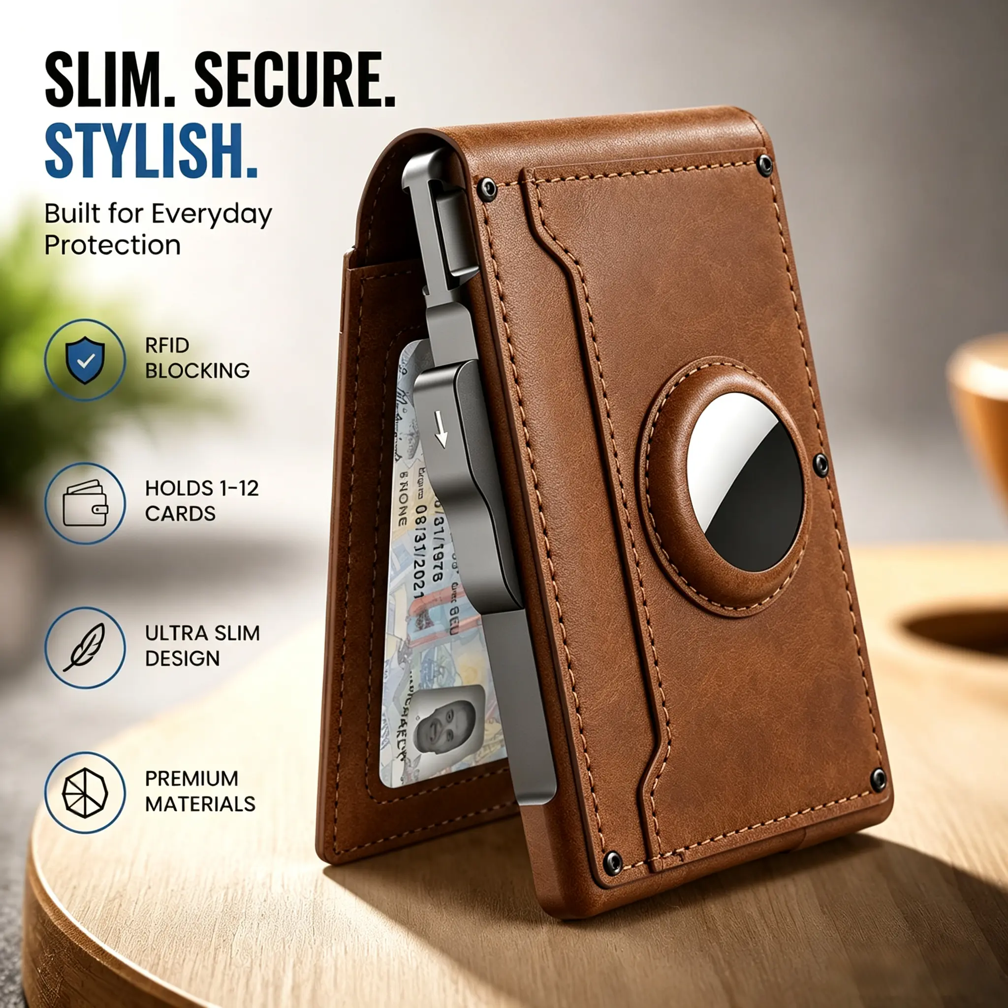 Carbon Fiber Pop-Up Card Holder Compatible with AirTag, Slim Men's Wallet with Anti-Theft RFID Blocking. Lightweight Aluminum Storage Case, Multiple Card Slots, ID Window & Cash Compartment. Exquisite Gift for Men's Office, Travel, Graduation., Minimalist