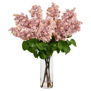 24” Artificial Lilac  Arrangement with  Cylinder Glass Vase