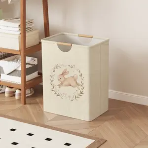 Rabbit Pattern Print Open Storage Box, Foldable Laundry Basket with Handle, Home Bathroom Folding Clothes Storage Bucket
