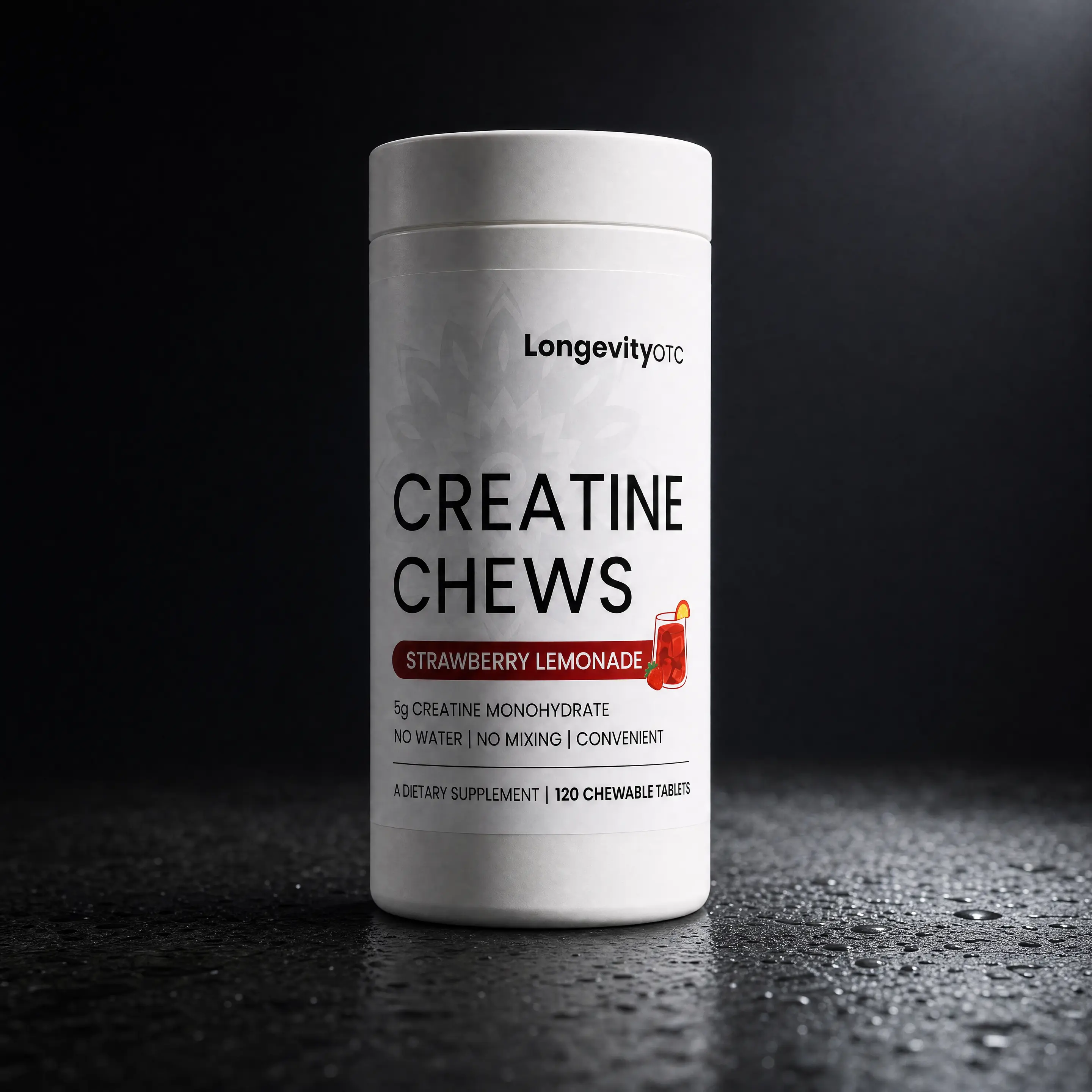 LongevityOTC Pure Creatine Chewable Tablets - 5g Per Chew, Strawberry Lemonade Flavor, Low Sugar, 10 Calories Per Serving, 120 Chews, Metabolism Support, Hassle-Free Fitness Dietary Supplement for Wellness Goals
