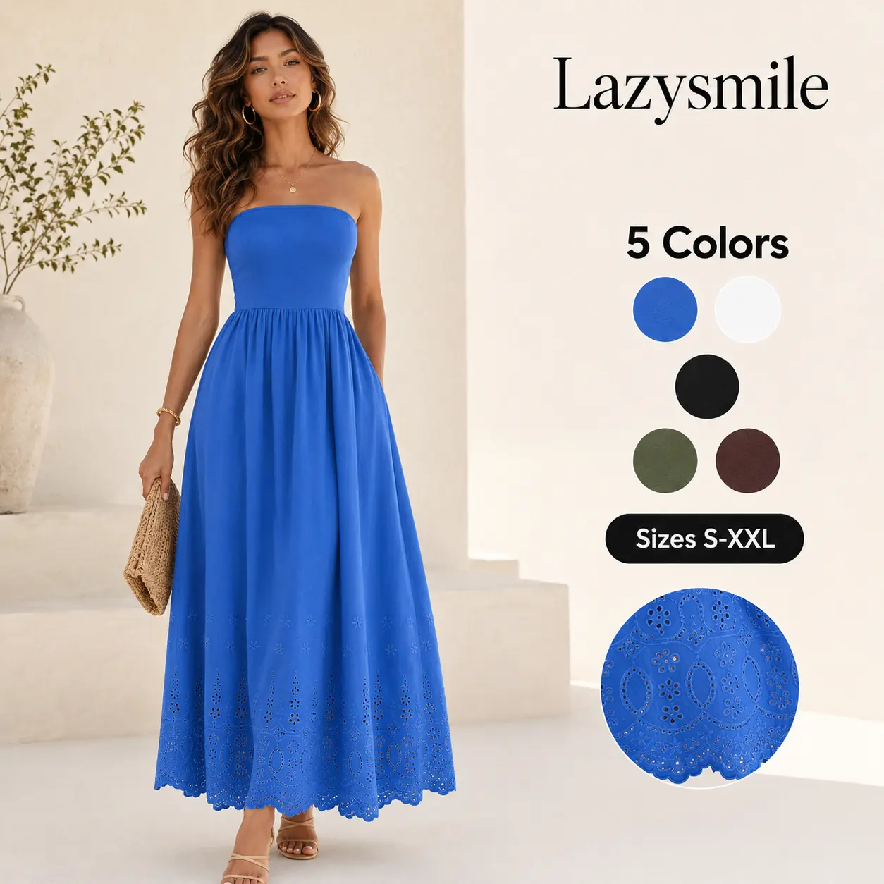 LAZYSMILE Women's 90%Viscose-10%Elastane Viscose Blend Strapless Casual Tube Gown - Pull-On, Sleeveless, A-Line Long Maxi, Lace Trim, Hollow Back, Machine Washable for Summer Beach, Party Outings