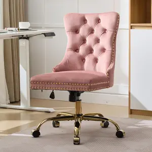 Velvet Home Office Desk Chair with Wheels & Gold Base, Cute Makeup Vanity Chair with Tufted Back for Women Girls, Upholstered Adjustable Swivel Armless Office Chair for Bedroom, Pink