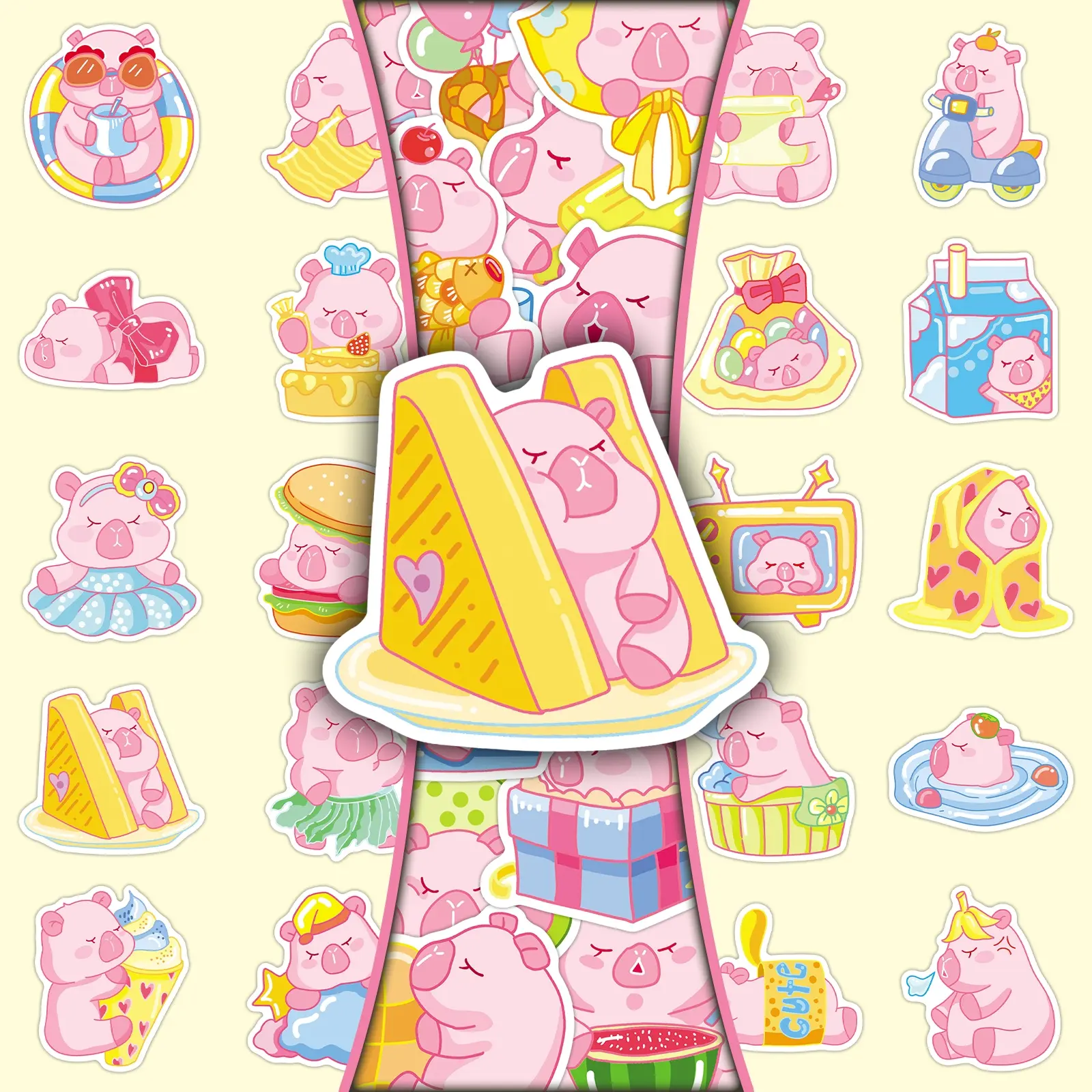 100 sheets of cute pink capybara stickers. Includes 2 identical sets for creative DIY decoration of your scrapbook/planner